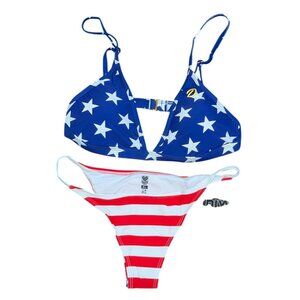 Dixxon Swim Womens Medium American Flag Tanning Suit Stars Strips Bikini NWOT